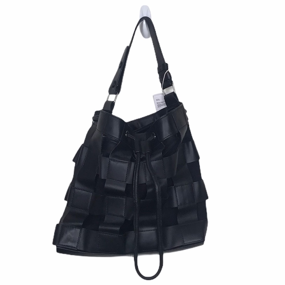 & Other Stories Black Leather Woven Shoulder Bucket Bag
